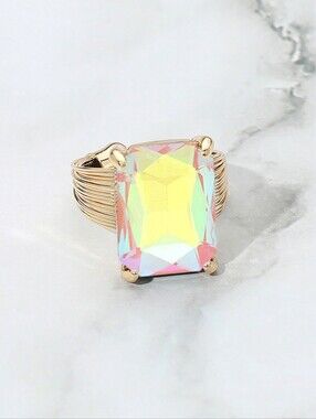 Abalone Pink Emerald Cut Crystal Adjustable Ring Fashion Statement Jewelry